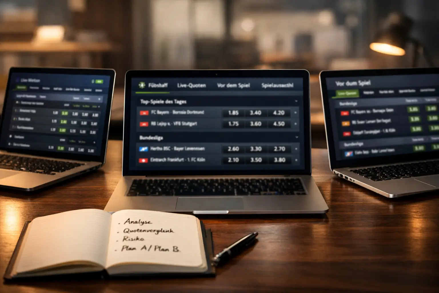Mehrere Laptop-Bildschirme zeigen Sportwetten-Quoten für Arbitrage-Analyse