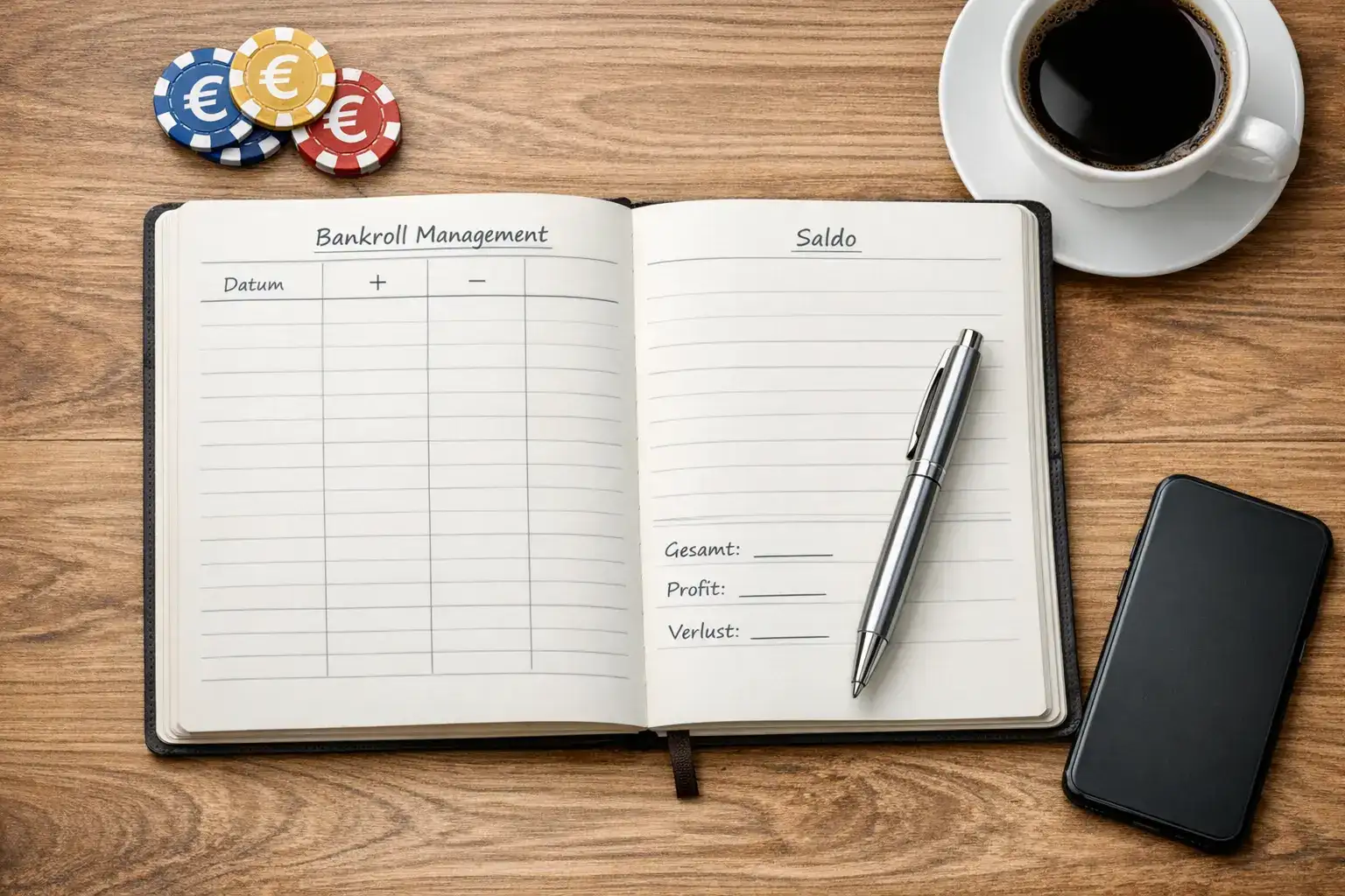 Notizbuch mit Budget-Eintragungen und Stift auf dem Schreibtisch