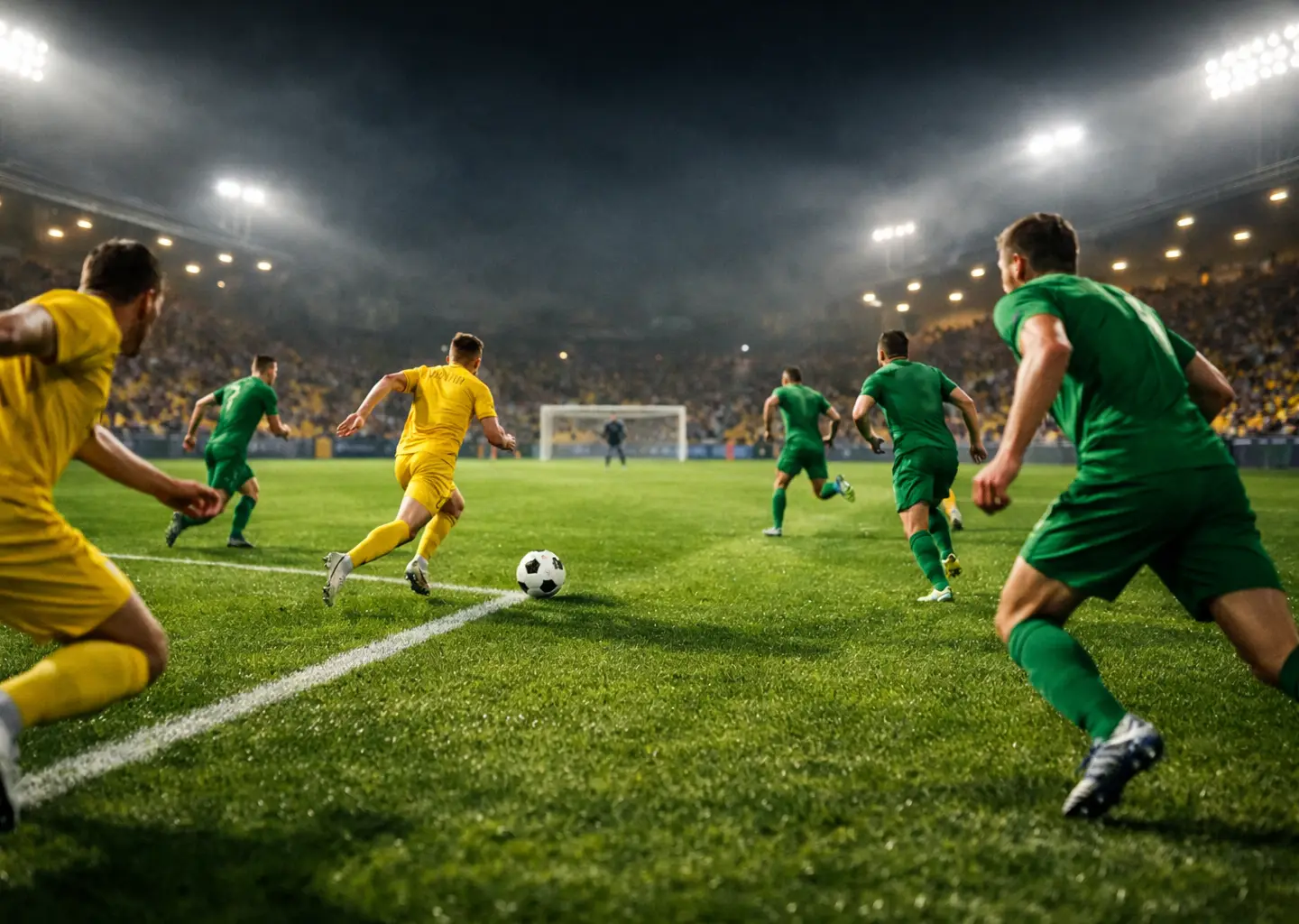 Zwei Fußballmannschaften beim Angriff auf das Tor während eines offenen Spiels