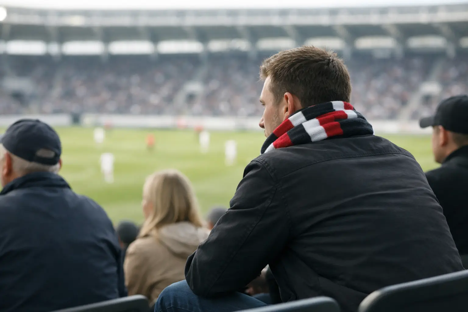 Fußballfan verfolgt aufmerksam ein Bundesliga-Spiel im Stadion