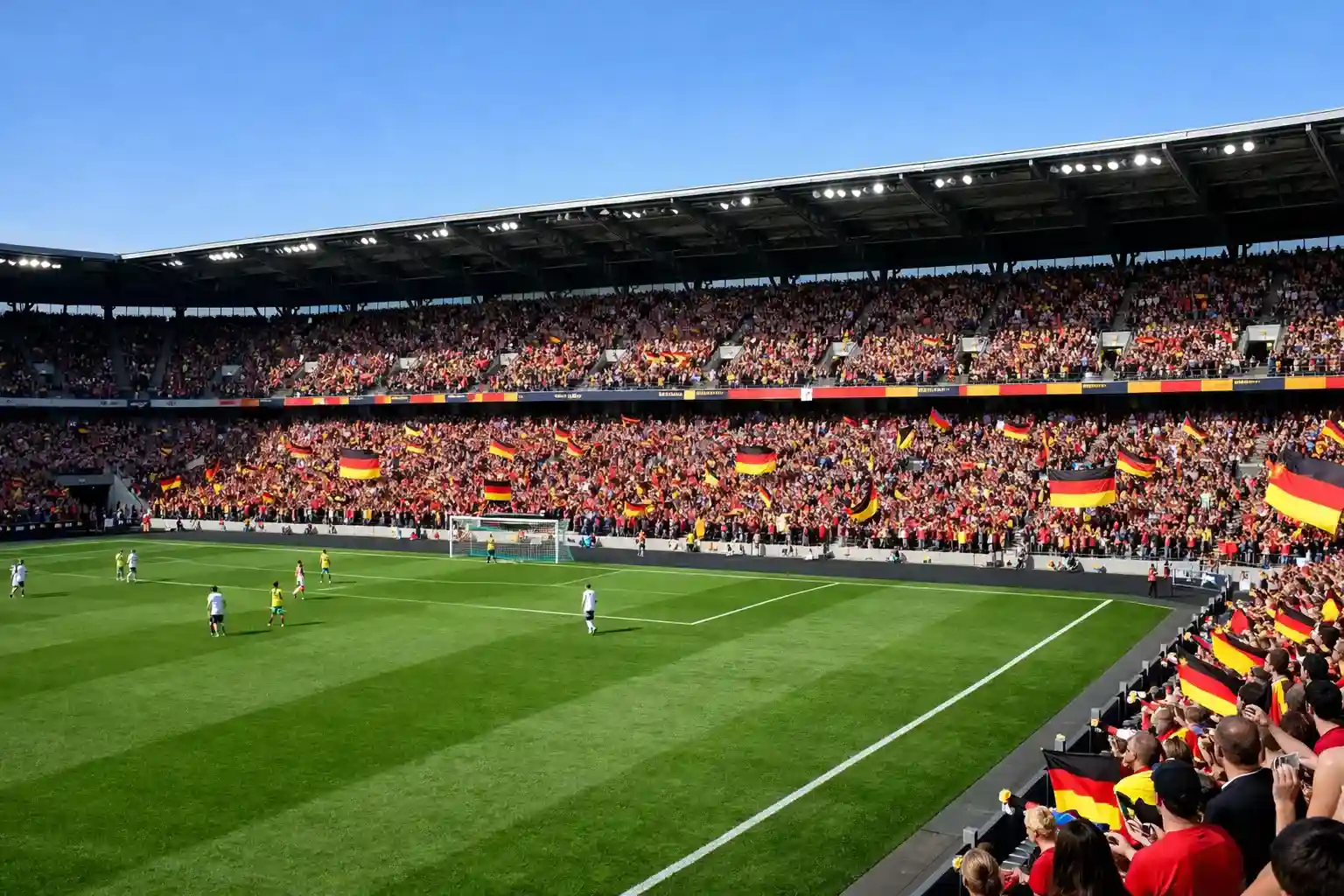 Volle Tribüne in einem Bundesliga-Stadion bei Tageslicht