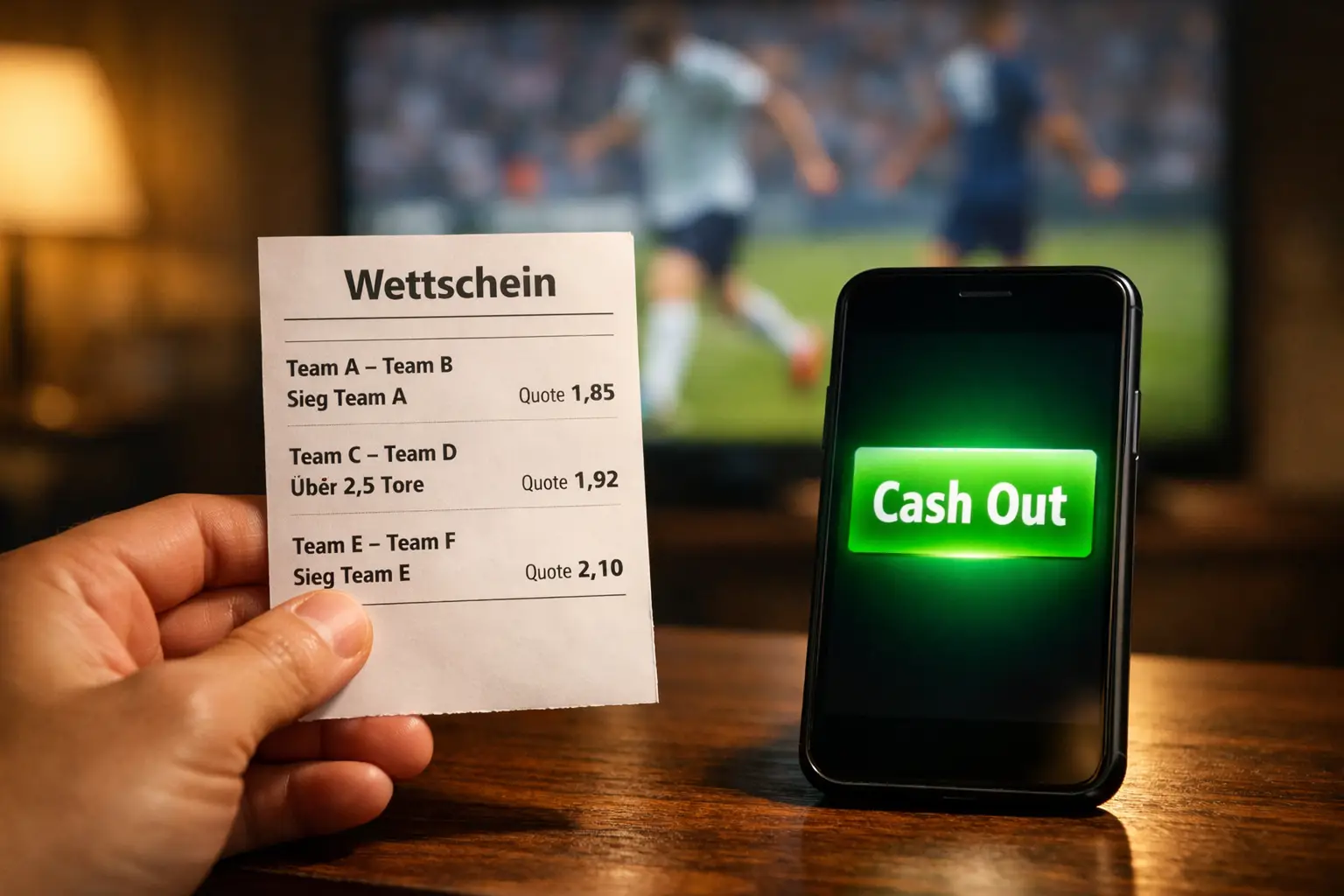 Wettschein mit grün leuchtendem Cash-Out Button auf Stadionhintergrund
