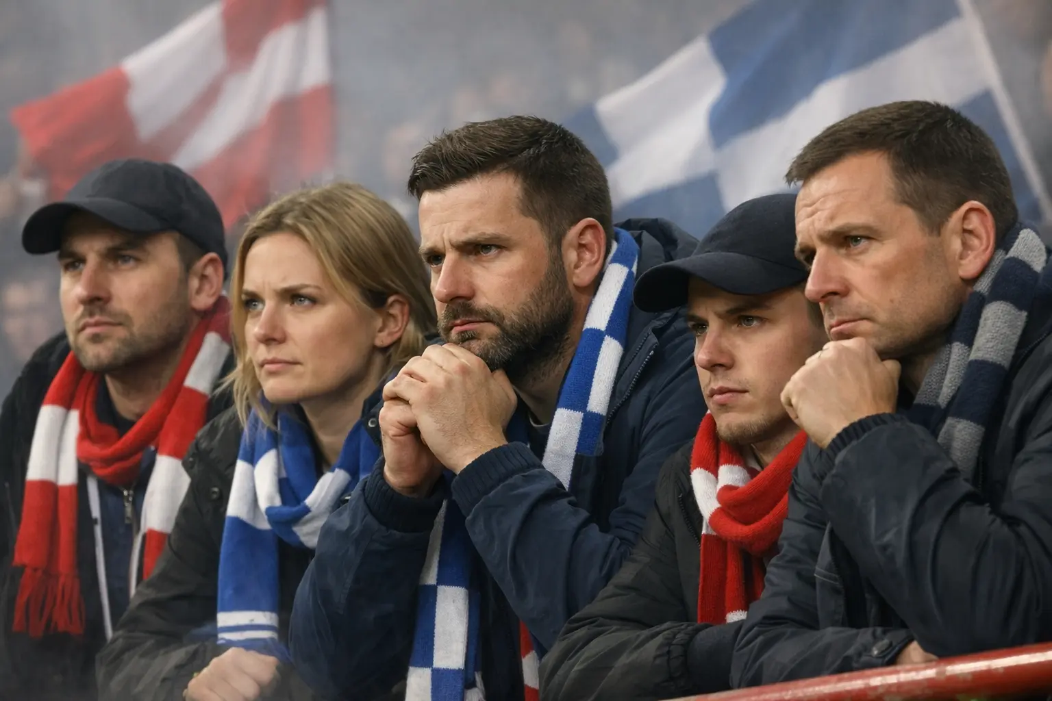 Leidenschaftliche Fans mit Schals und Fahnen bei einem Derbyspiel