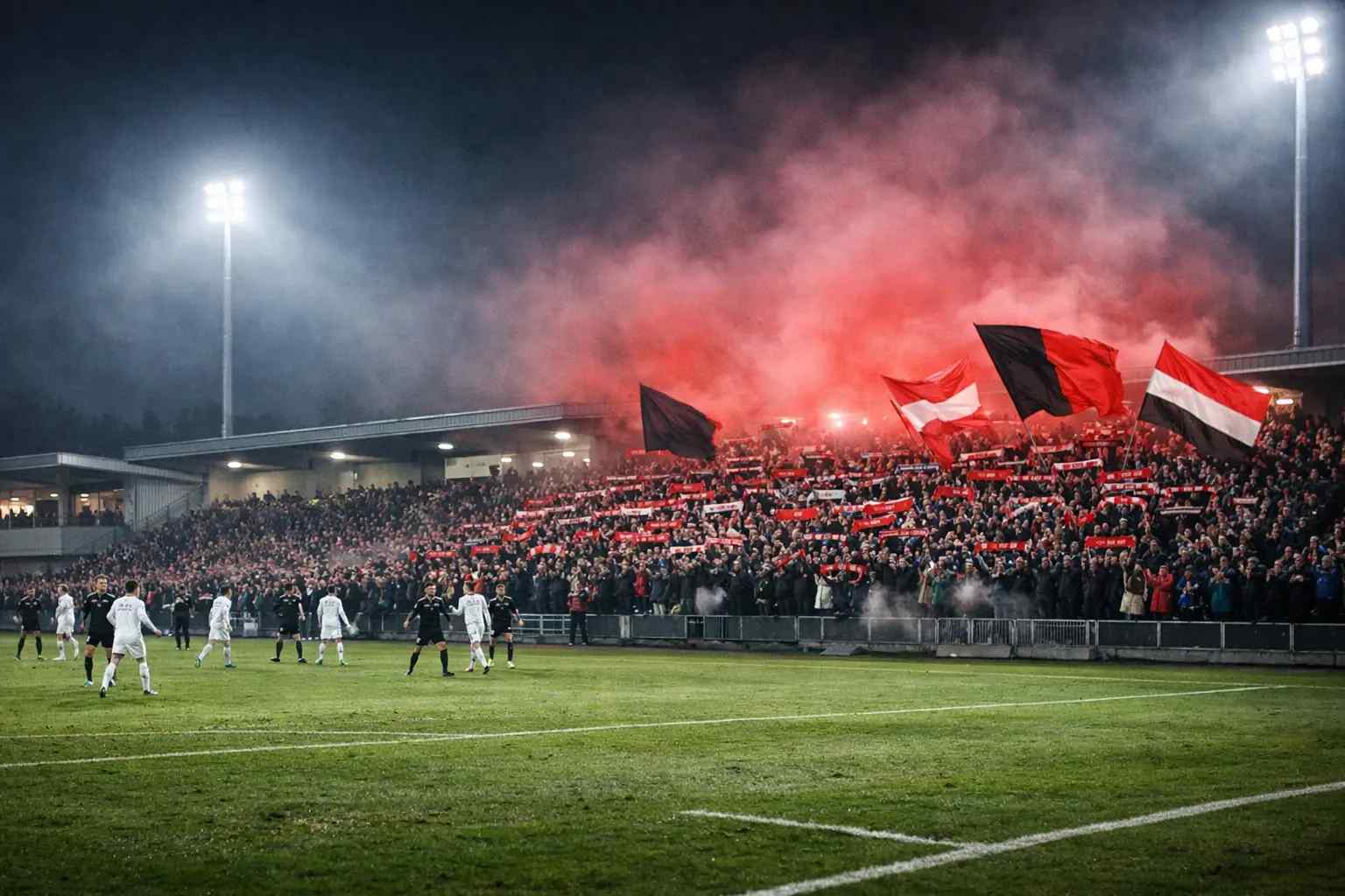 Kleines Fußballstadion mit begeisterten Fans bei einem DFB-Pokalspiel