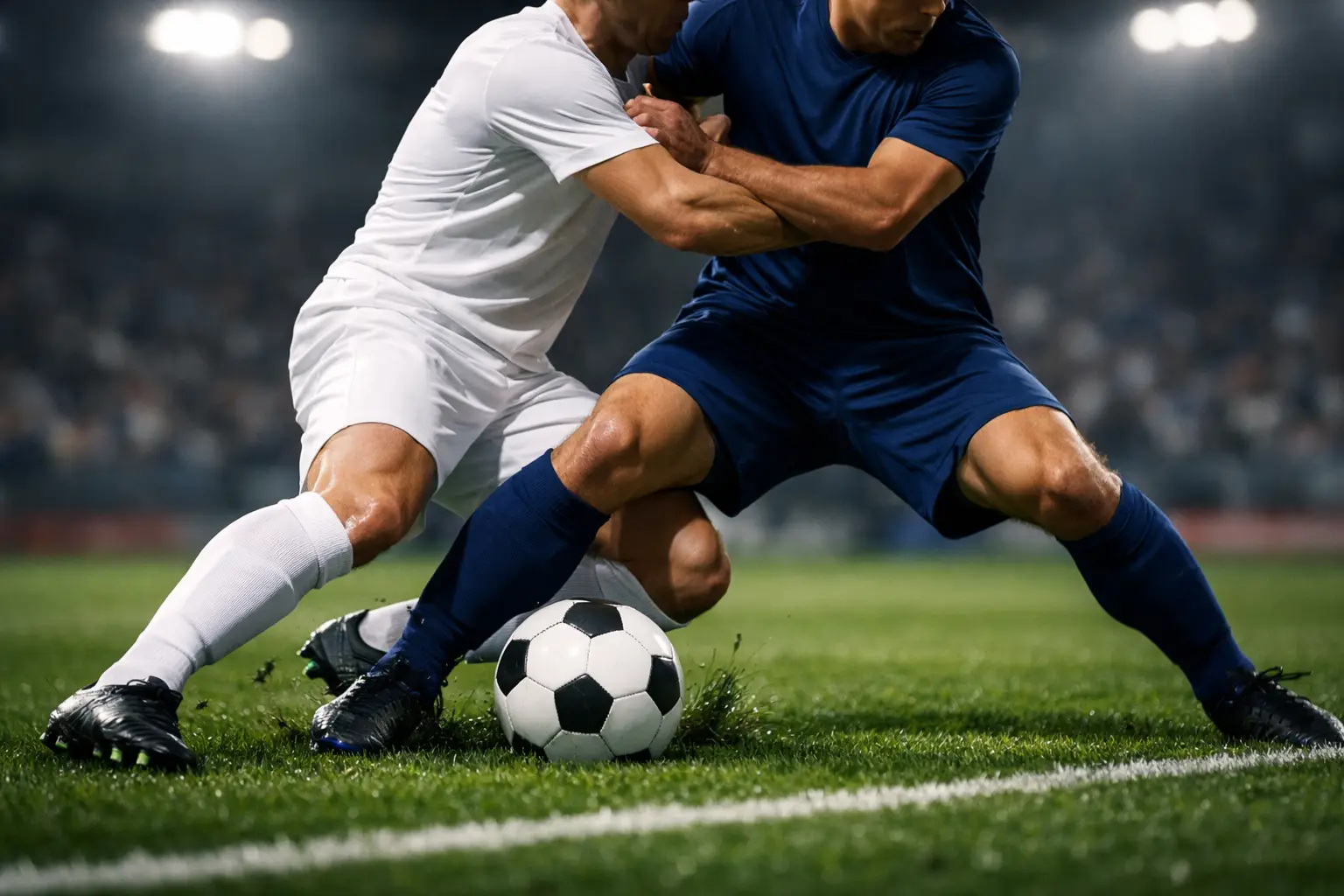 Fußballspieler im Zweikampf auf grünem Rasen während eines Ligaspiels
