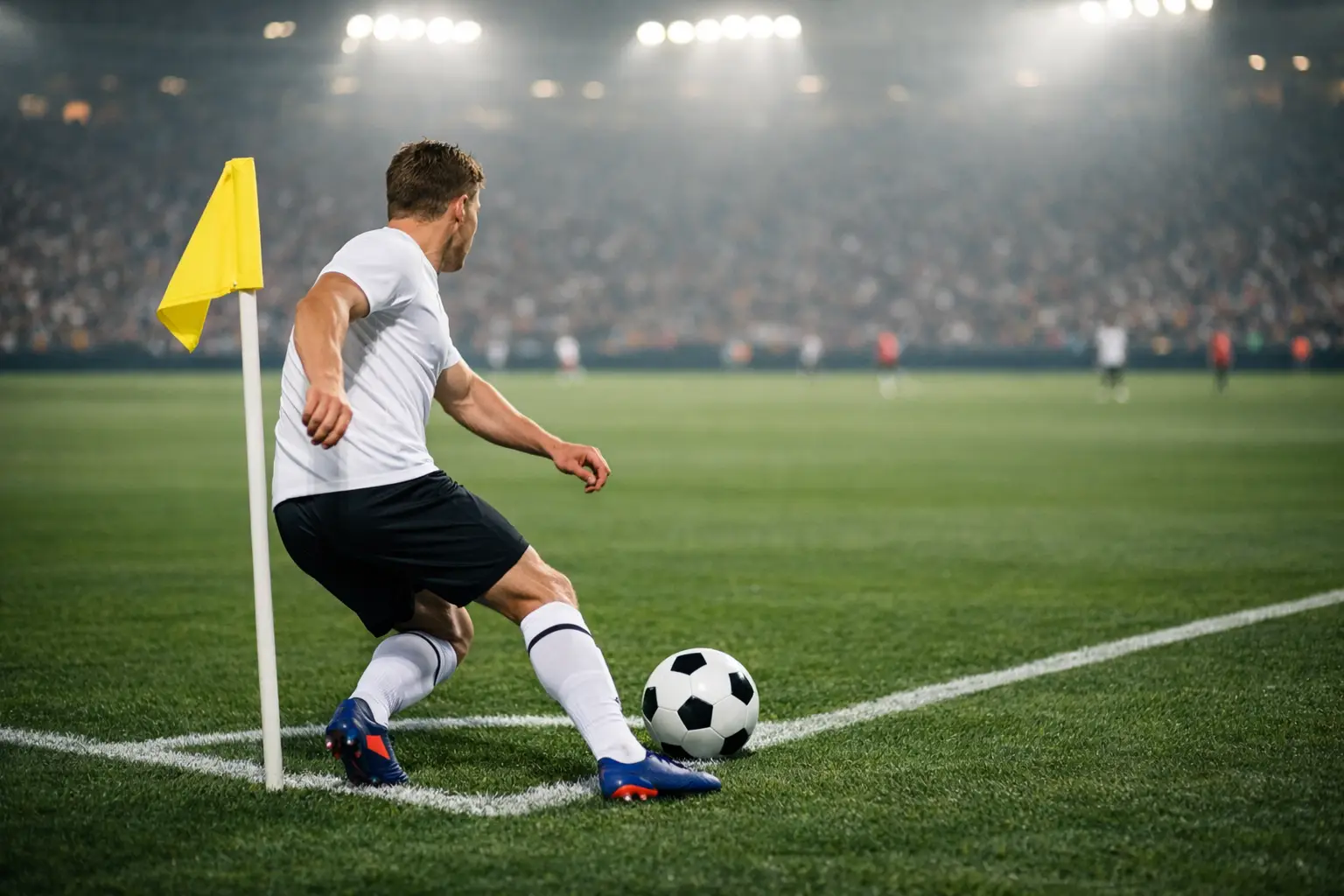 Fußballspieler führt einen Eckball im Stadion aus