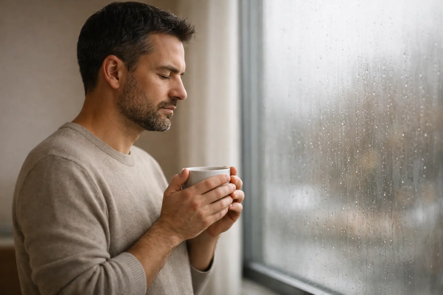 Person macht eine nachdenkliche Pause mit Kaffeetasse am Fenster