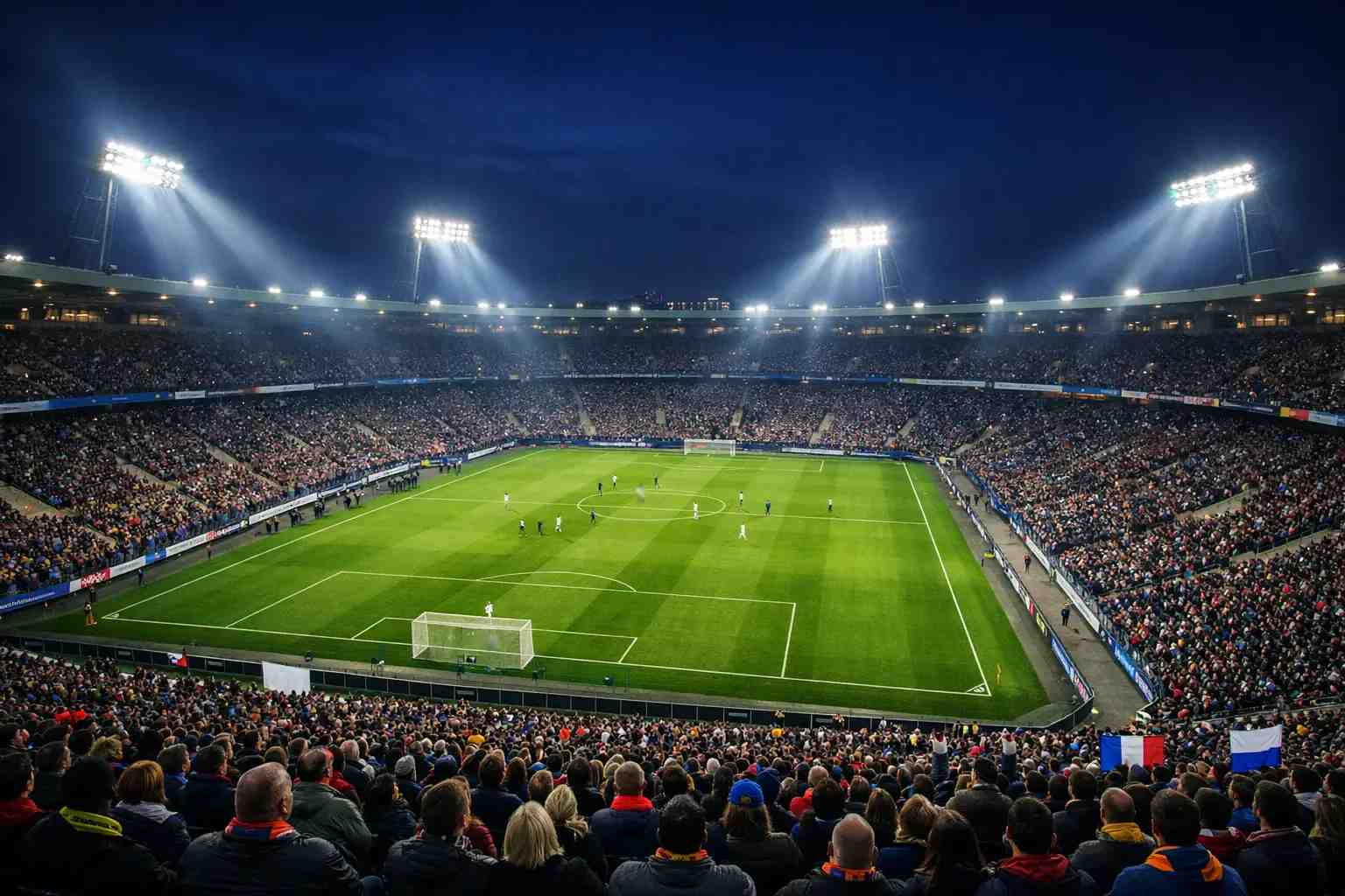 Europäische Fußballnacht mit Flutlichtbeleuchtung und Europapokal-Atmosphäre