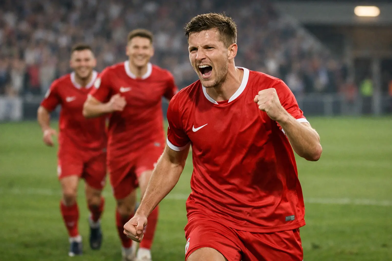 Fußballspieler jubelt nach Ausgleichstor vor der Tribüne