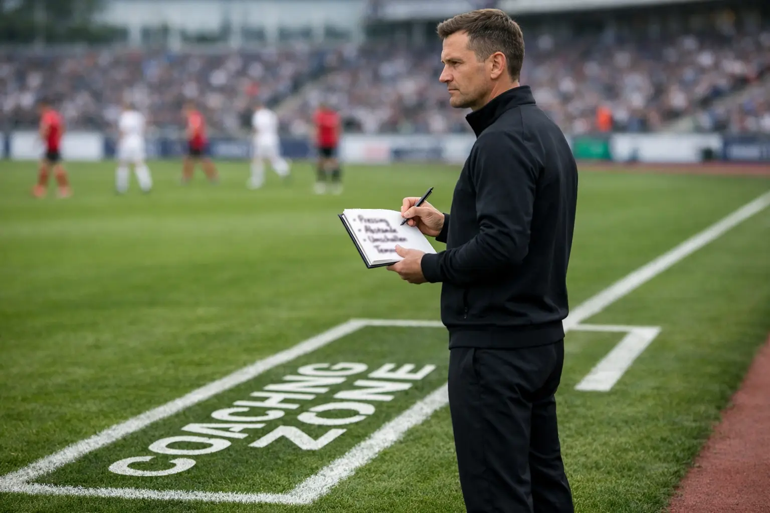 Fußball-Trainer analysiert die Leistung seiner Mannschaft am Spielfeldrand