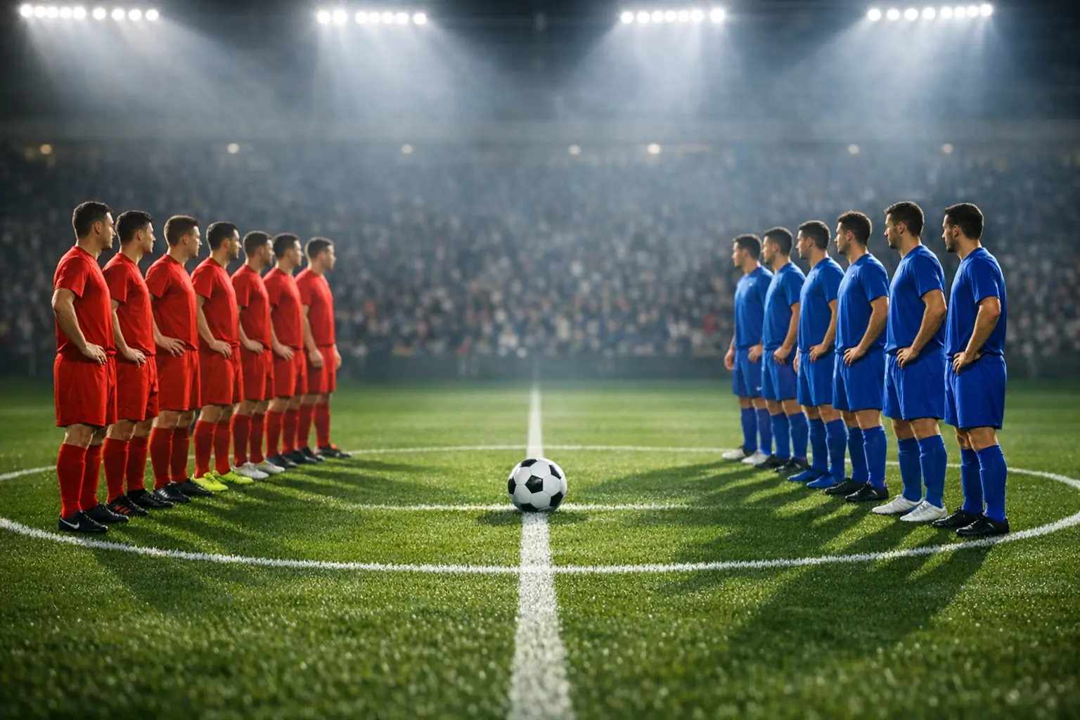 Zwei Fußballmannschaften stehen sich auf dem Rasenfeld gegenüber vor dem Anstoß