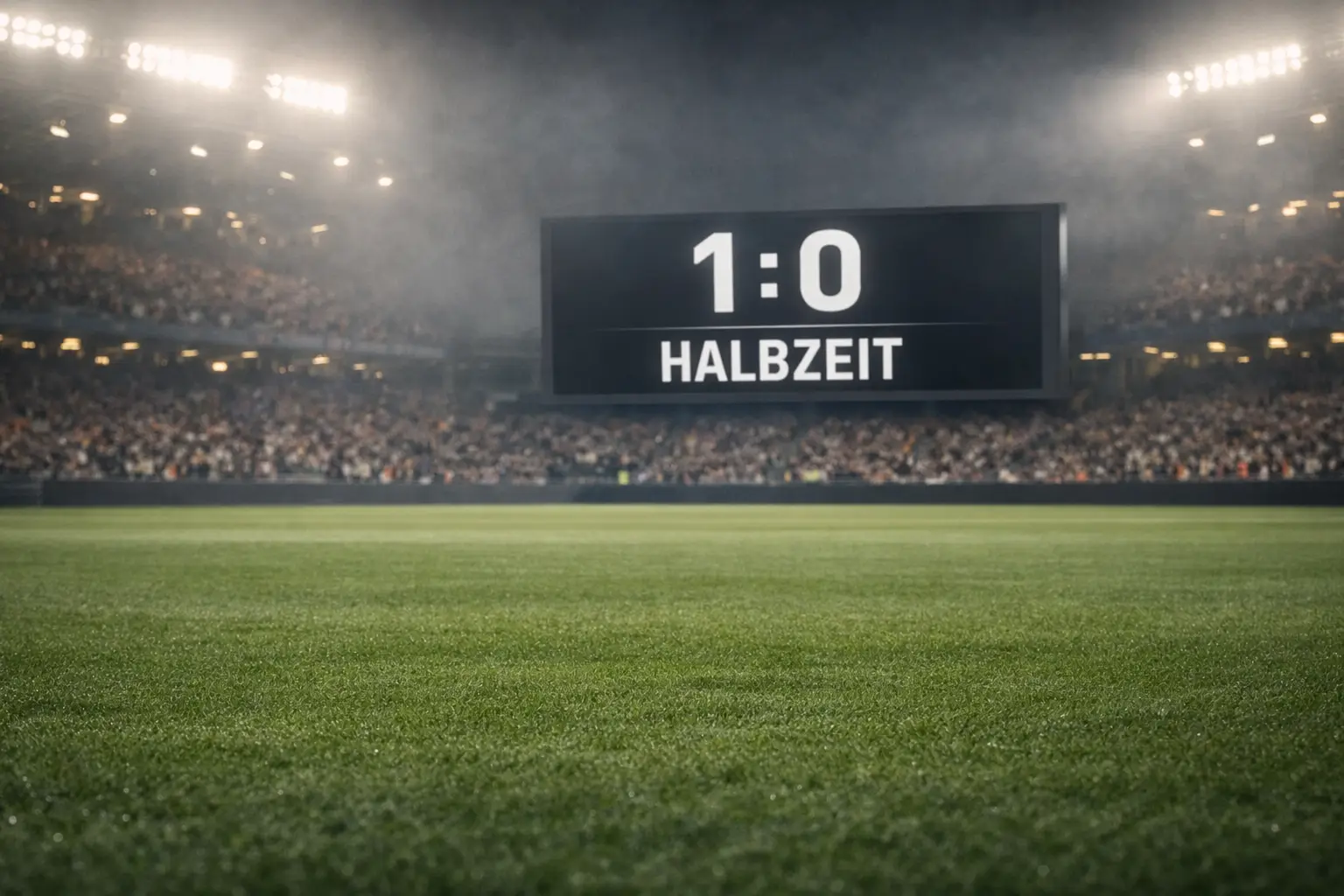 Fußballspiel in der Halbzeitpause mit Anzeigetafel im Stadion