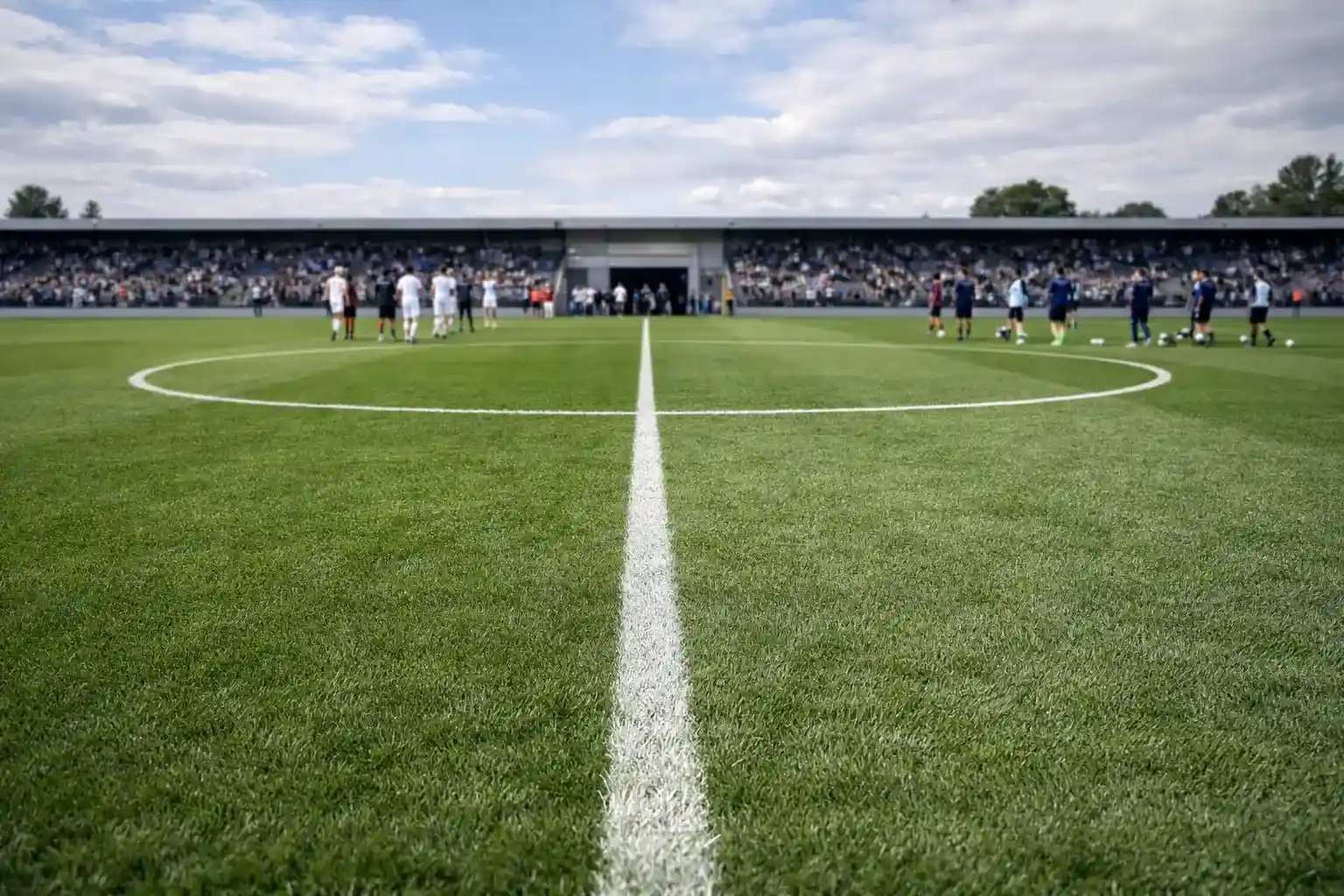 Leeres Spielfeld während der Halbzeitpause mit Spielern im Tunnel