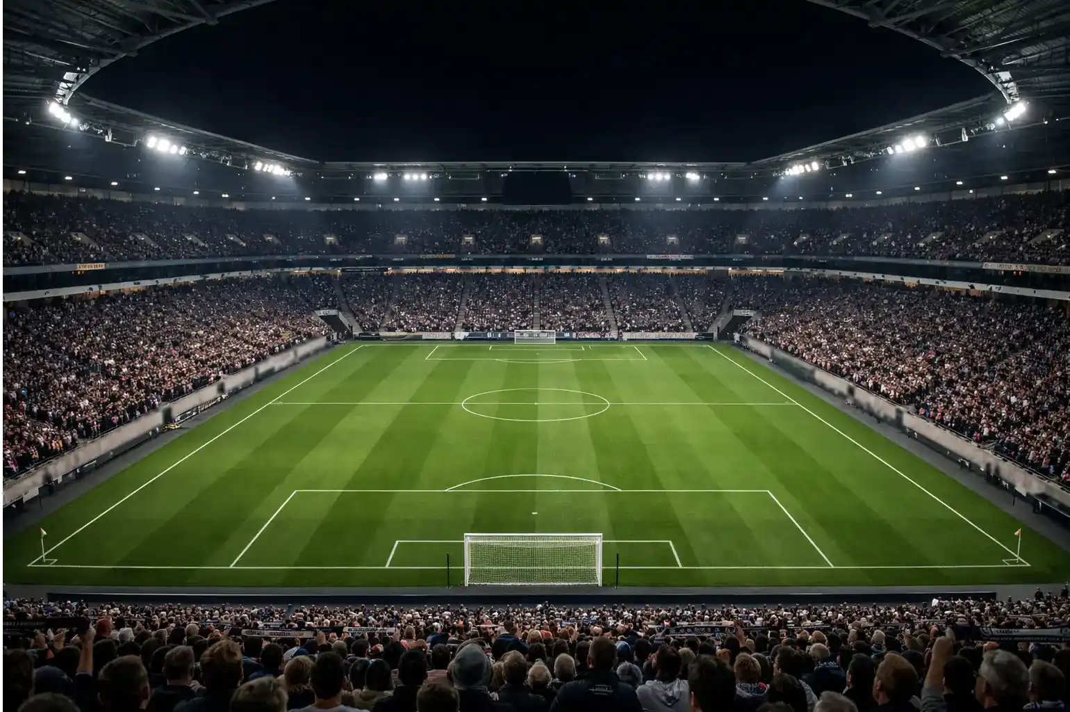 Volles Bundesliga-Stadion bei Flutlicht mit grünem Rasen