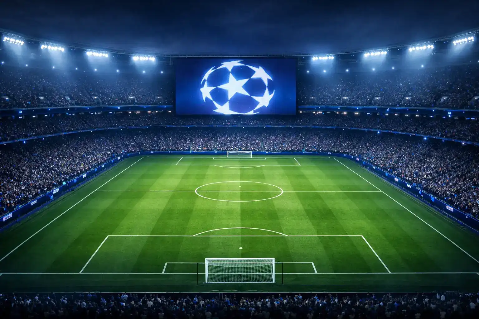 Champions-League-Nacht im Stadion mit Flutlicht und Fans