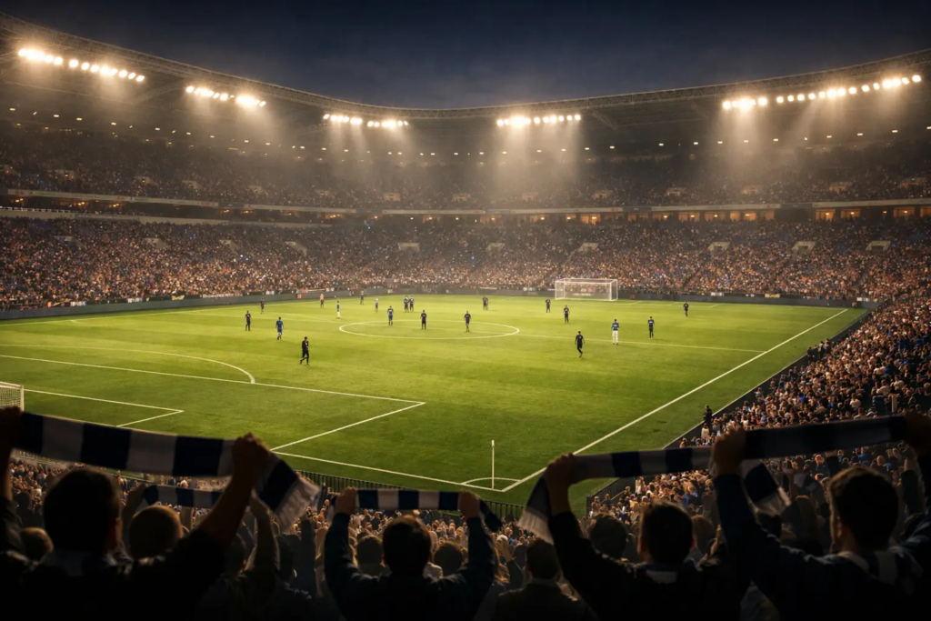 Fußballstadion bei Flutlicht mit dramatischer Atmosphäre
