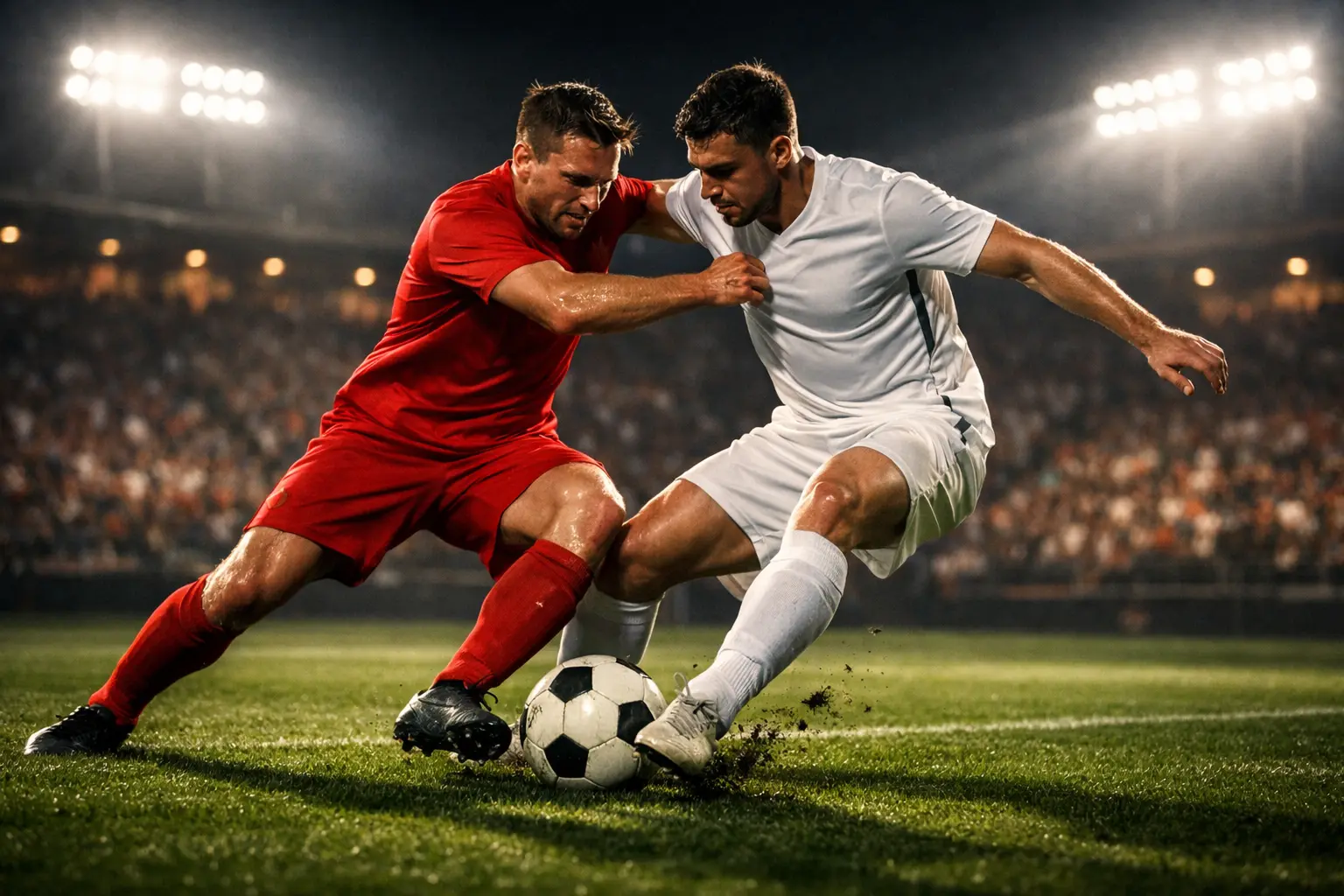 Fußballspieler im Zweikampf auf dem Rasen bei Flutlicht