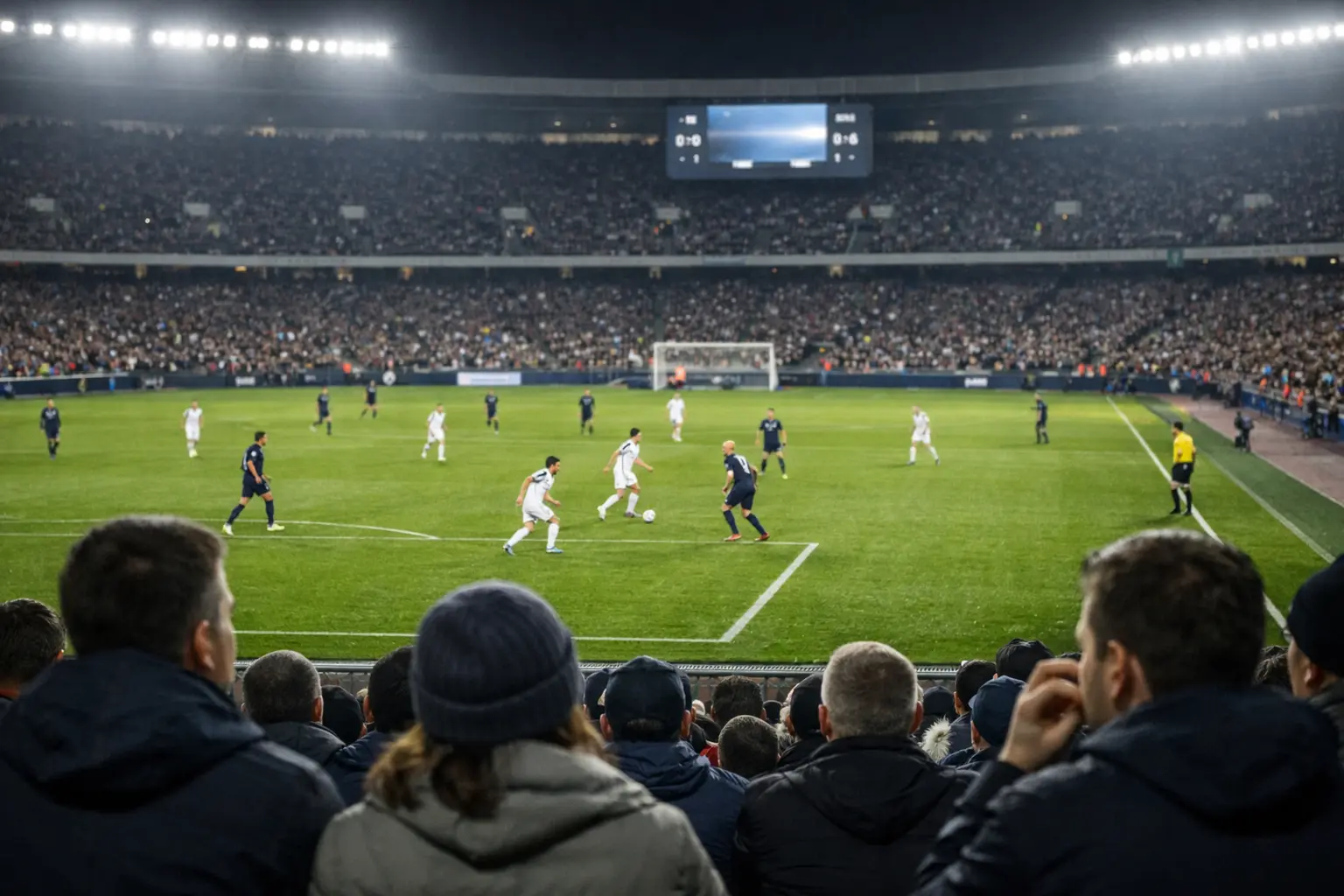 Fußballspiel im vollen Stadion bei Flutlicht mit jubelnden Fans