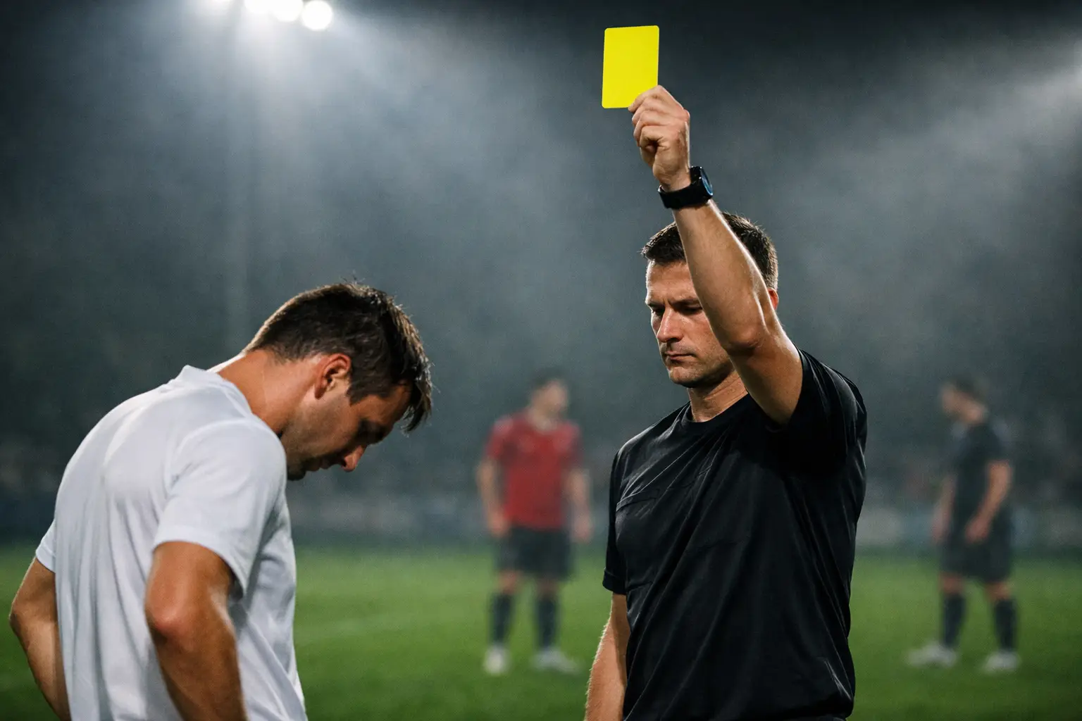 Schiedsrichter zeigt einem Fußballspieler die gelbe Karte