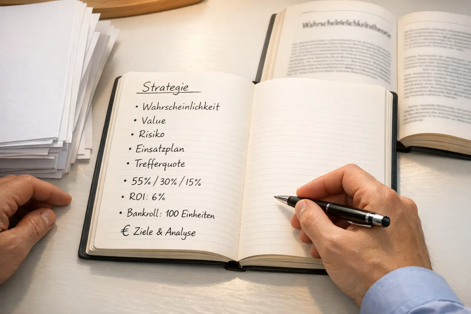 Person plant Wettstrategie mit Notizbuch und Prozentberechnungen