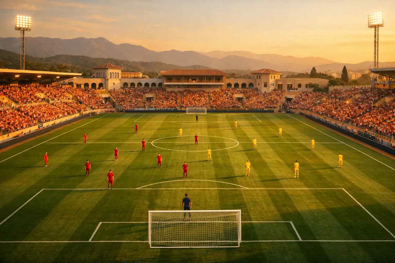 Taktische Fußballszene in einem spanischen Stadion bei Sonnenuntergang