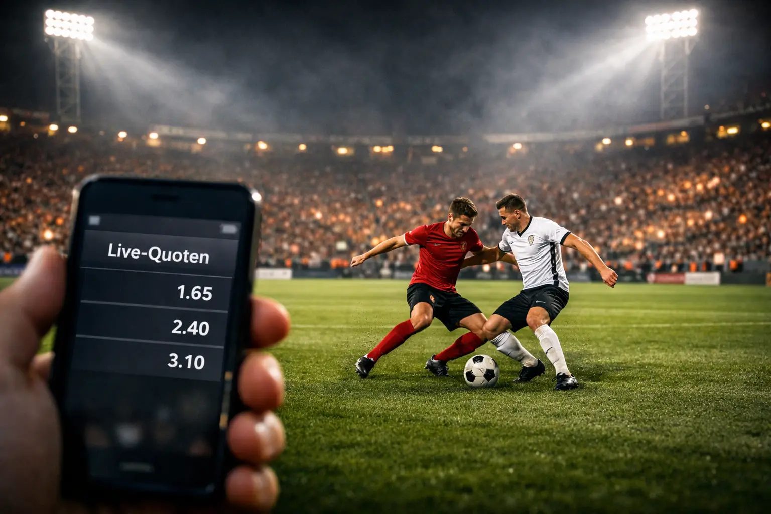 Fußballstadion bei Flutlicht mit Spielszene und eingeblendeten Live-Quoten