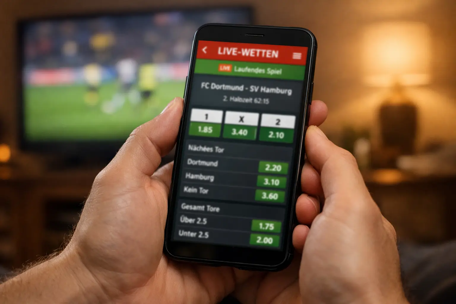 Smartphone mit Live-Wetten-App und Fußballspiel im Hintergrund