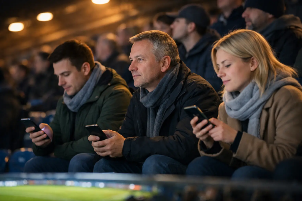 Fans verfolgen ein Fußballspiel im Stadion mit Smartphones