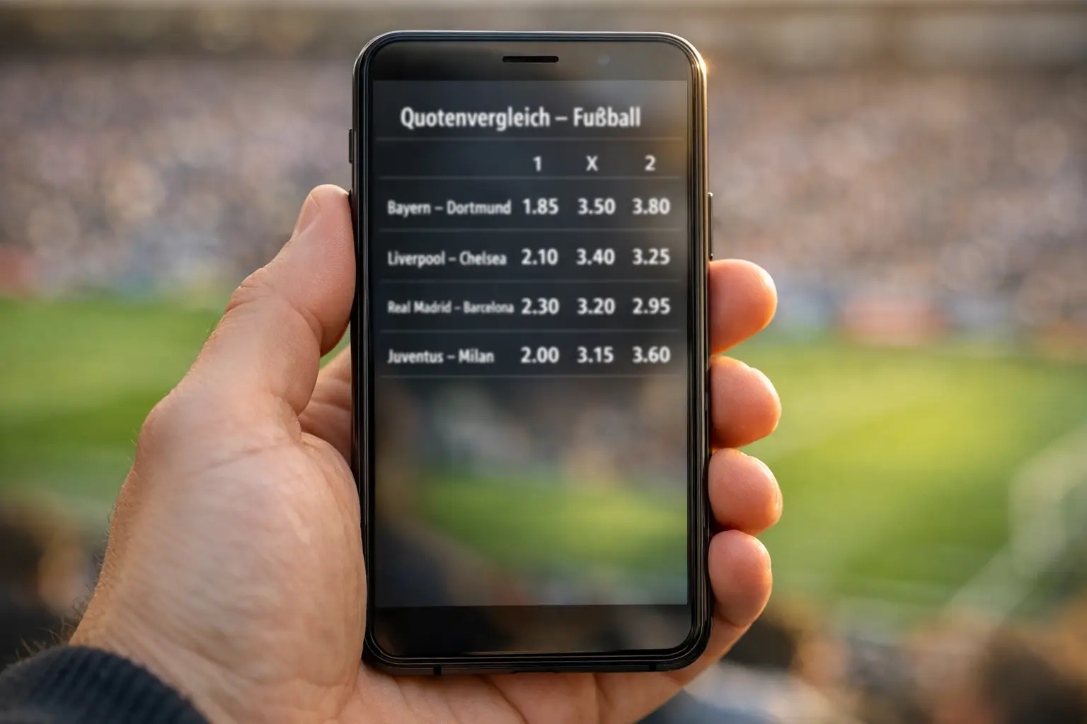 Smartphone zeigt verschiedene Wettquoten mehrerer Buchmacher nebeneinander