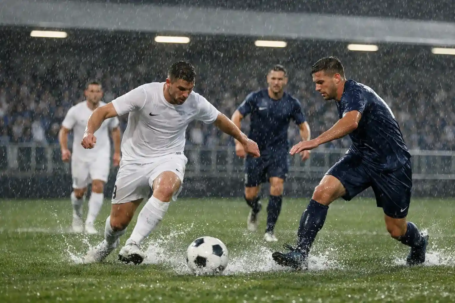Fußballspiel bei Regenwetter mit nasser Spielfeldoberfläche