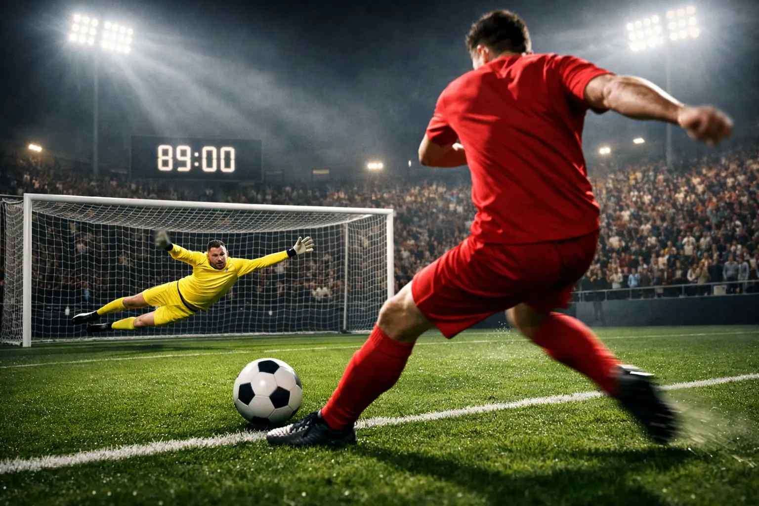 Fußballstadion in der 89. Minute mit dramatischer Beleuchtung und gespannten Fans