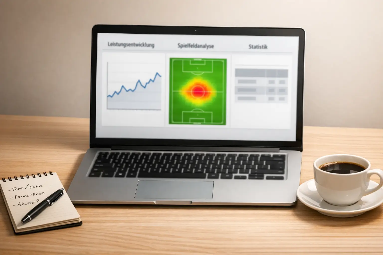 Laptop mit Fußballstatistiken und Diagrammen auf dem Bildschirm