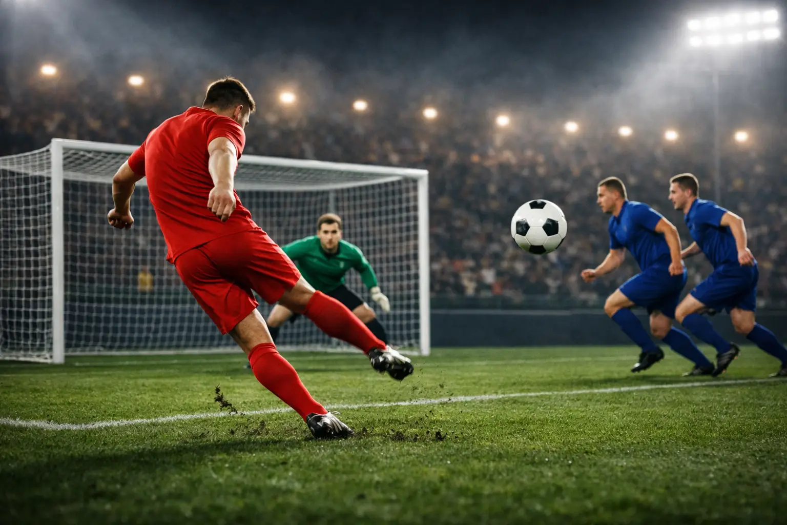 Stürmer beim Torschuss im Strafraum während eines Fußballspiels