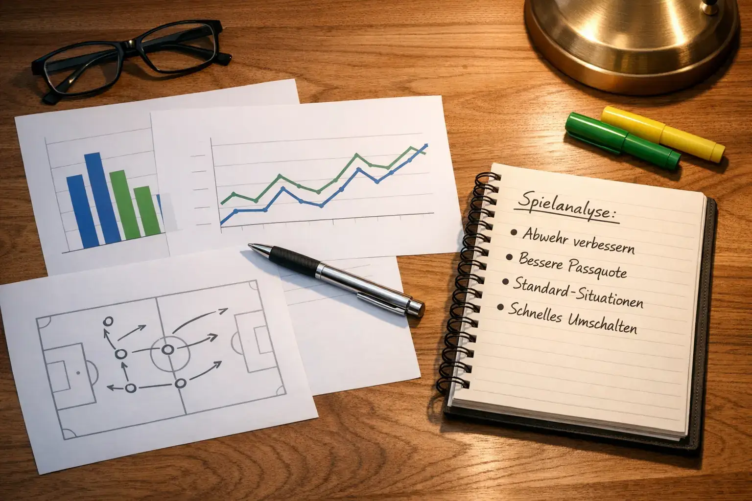 Schreibtisch mit Statistik-Dokumenten und Notizen zur Spielanalyse