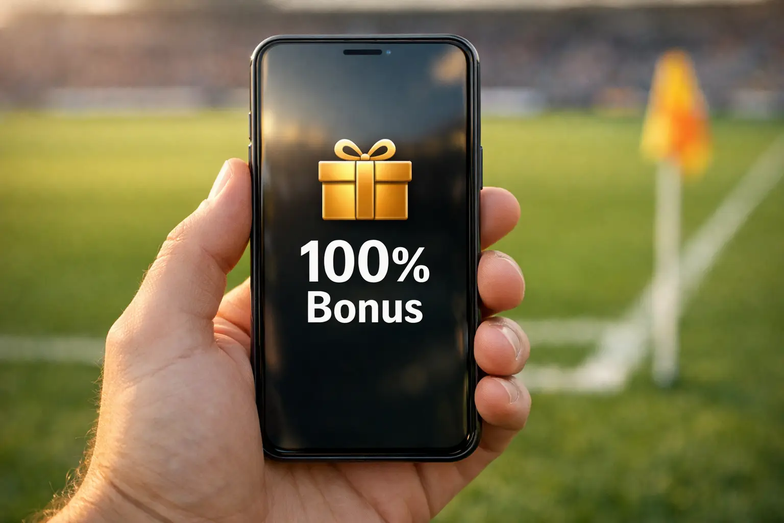 Hand hält Smartphone mit Bonus-Angebot auf dem Bildschirm vor Fußballfeld