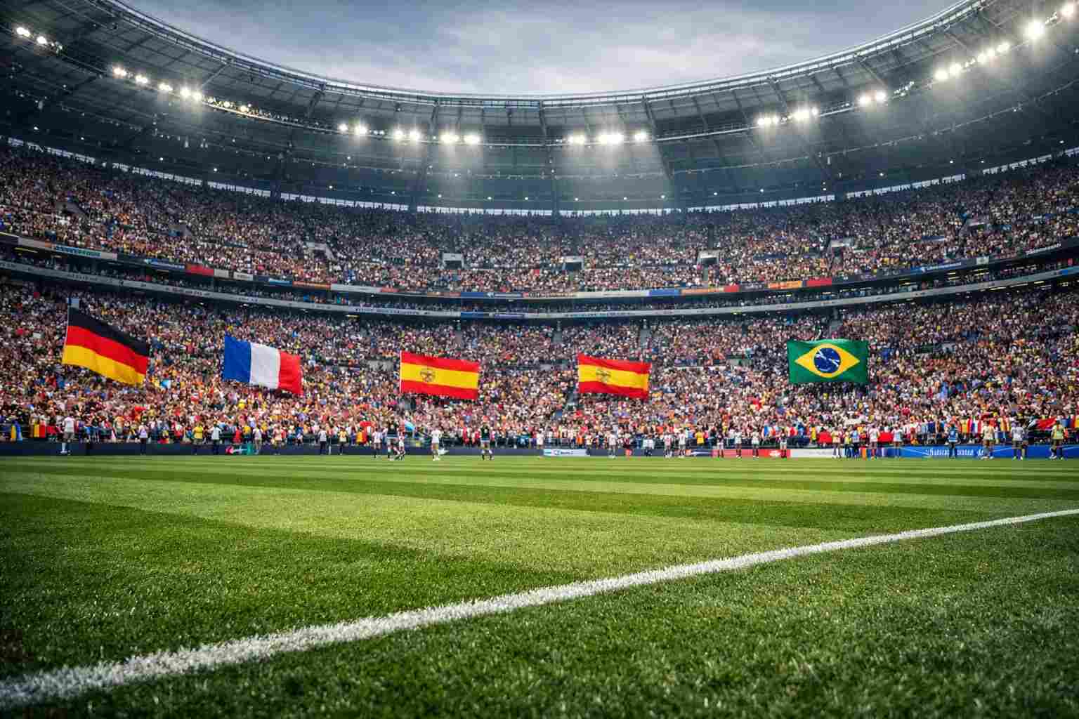 Großes Fußballturnier mit Nationalflaggen und ausverkauftem Stadion