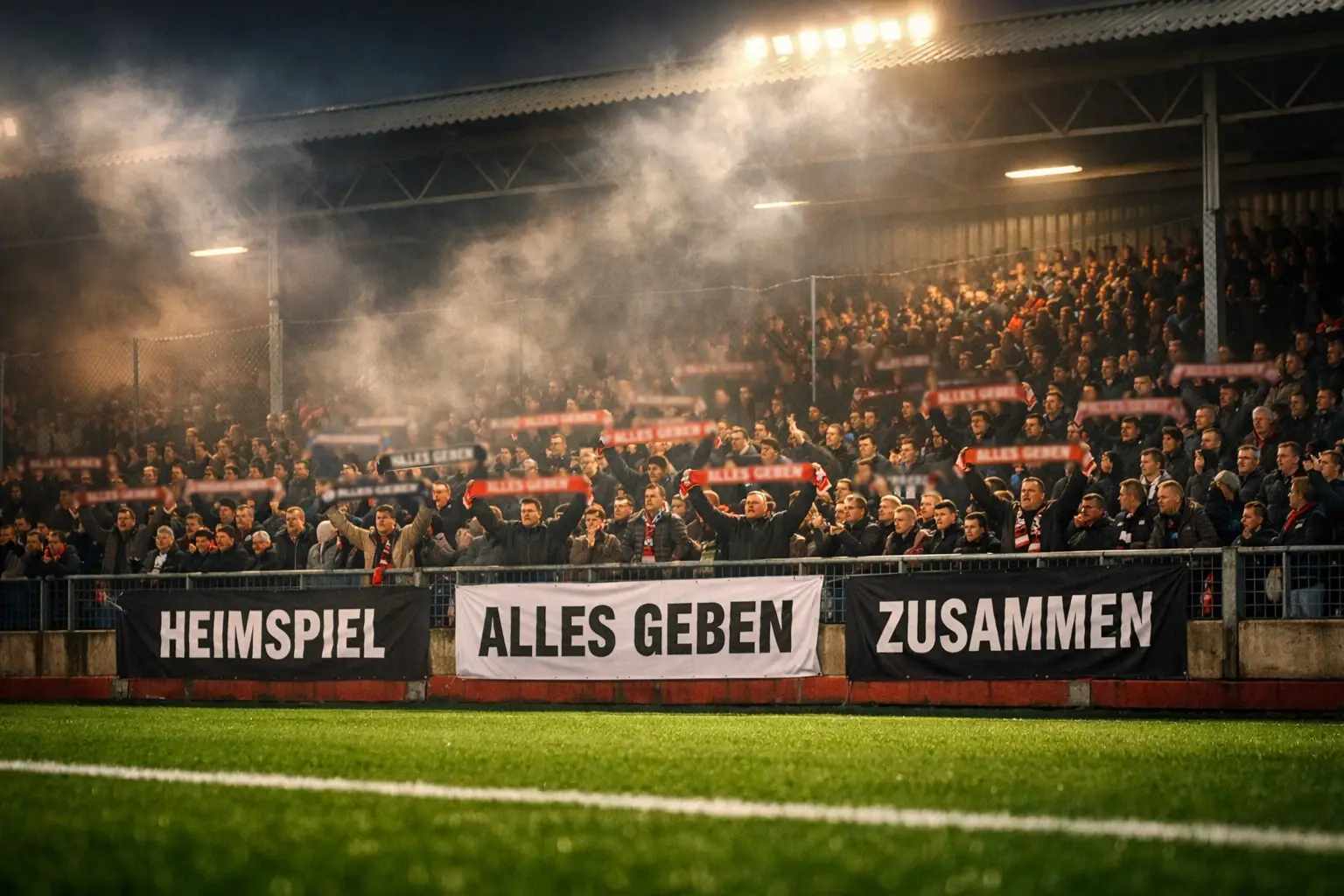Volles Zweitliga-Stadion mit leidenschaftlichen Fans und Vereinsfarben